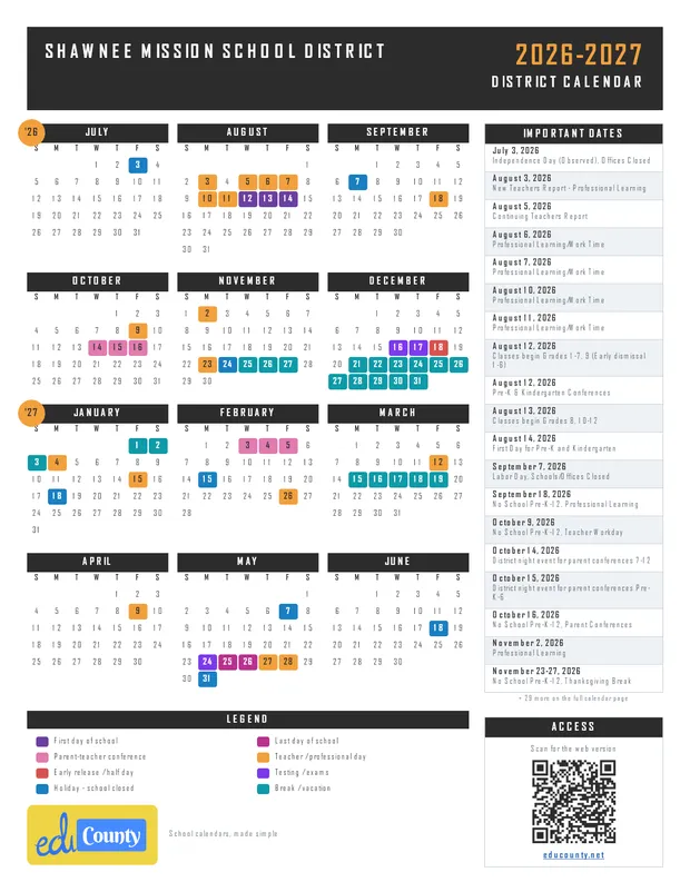 Shawnee Mission School District printable 2026-27 calendar