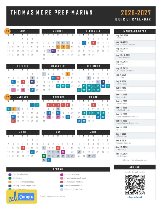 THOMAS MORE PREP-MARIAN printable 2026-27 calendar