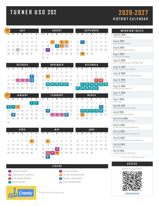 Turner USD 202 printable 2026-27 calendar