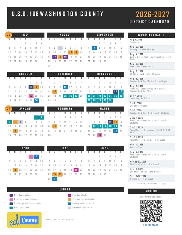 U.S.D. 108 Washington County printable 2026-27 calendar