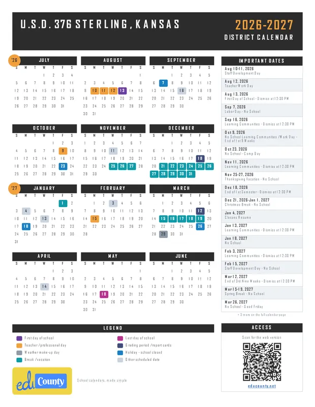 U.S.D. 376 Sterling, Kansas printable 2026-27 calendar