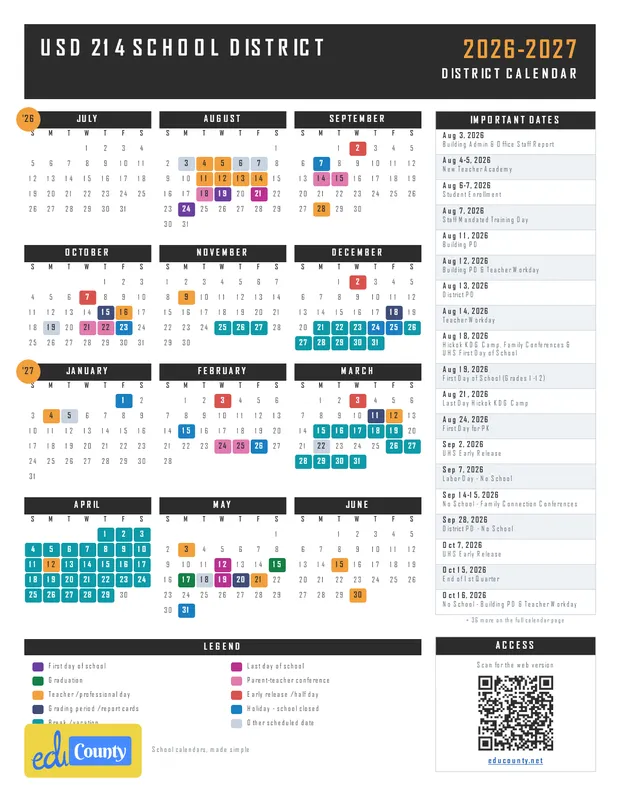 USD 214 School District printable 2026-27 calendar