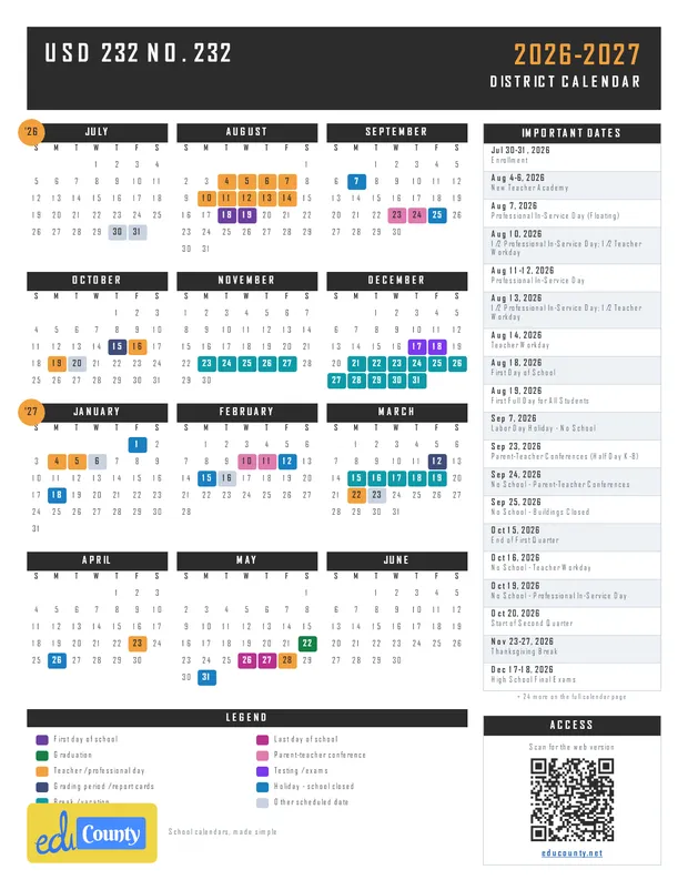 USD 232 Unified School District No. 232 printable 2026-27 calendar