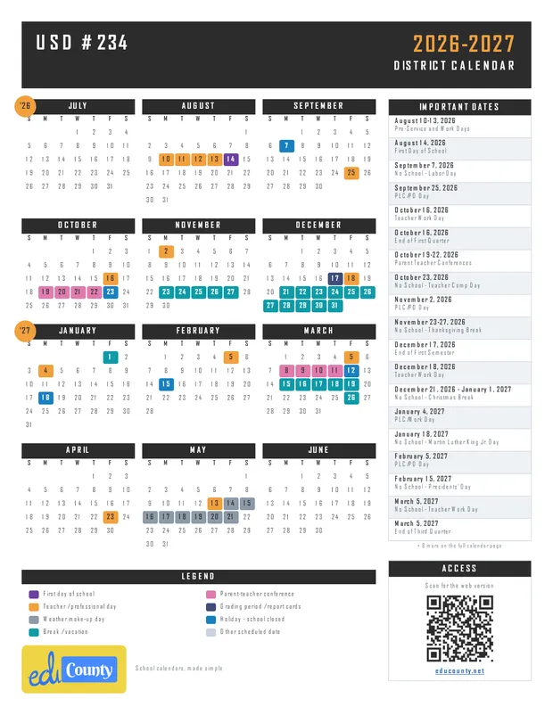 USD # 234 printable 2026-27 calendar