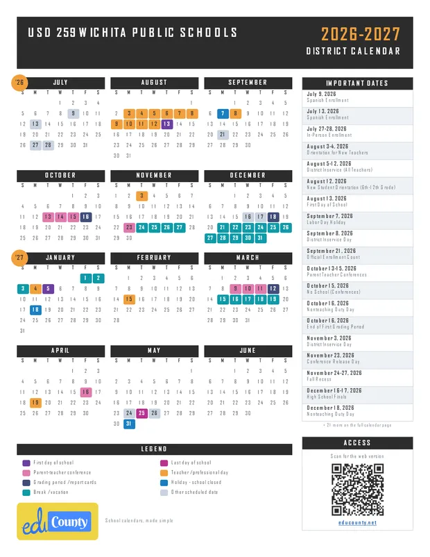 USD 259 Wichita Public Schools printable 2026-27 calendar