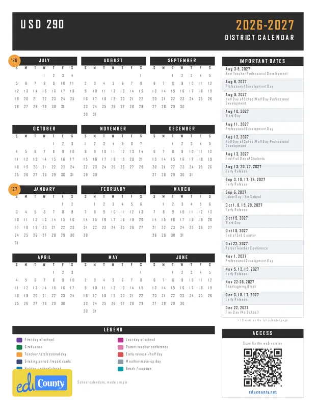 USD 290 27-28 printable 2026-27 calendar