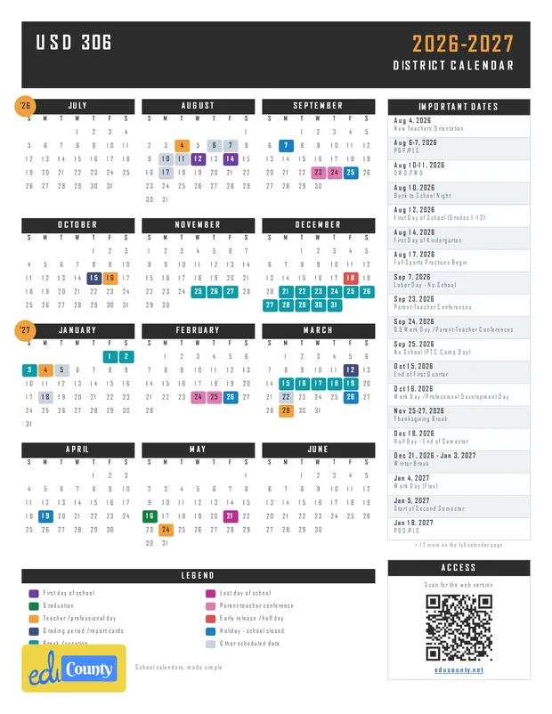 USD 306 printable 2026-27 calendar