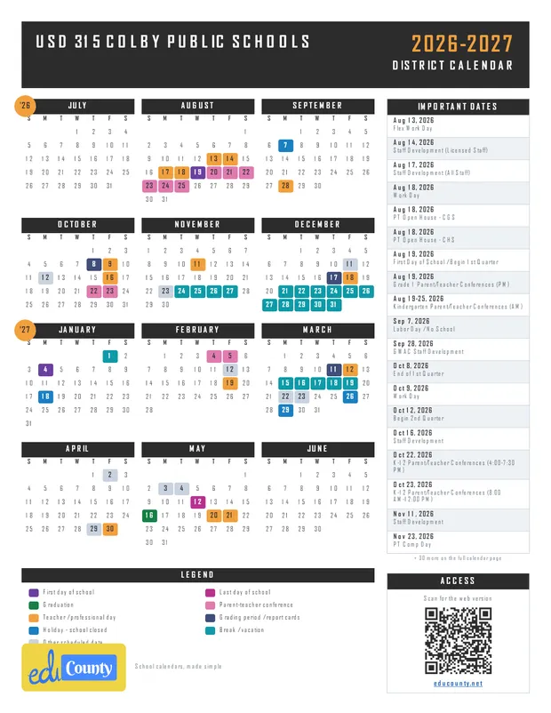 USD 315 COLBY PUBLIC SCHOOLS printable 2026-27 calendar