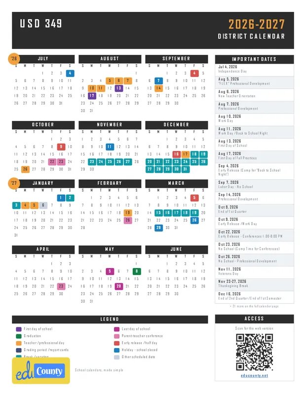 USD 349 printable 2026-27 calendar