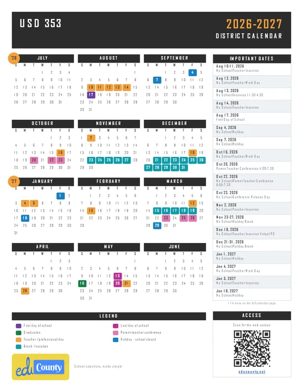 USD 353 printable 2026-27 calendar