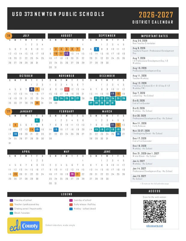 USD 373 Newton Public Schools printable 2026-27 calendar