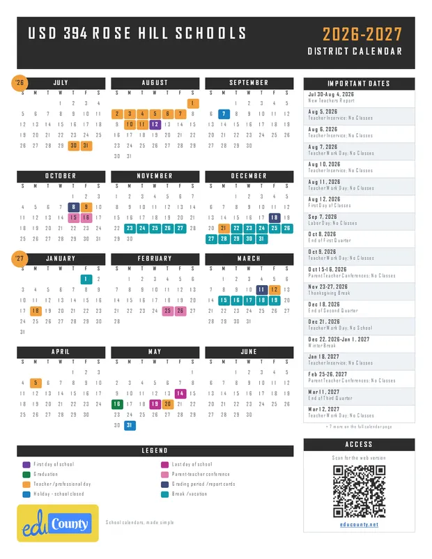 USD 394 Rose Hill Schools printable 2026-27 calendar