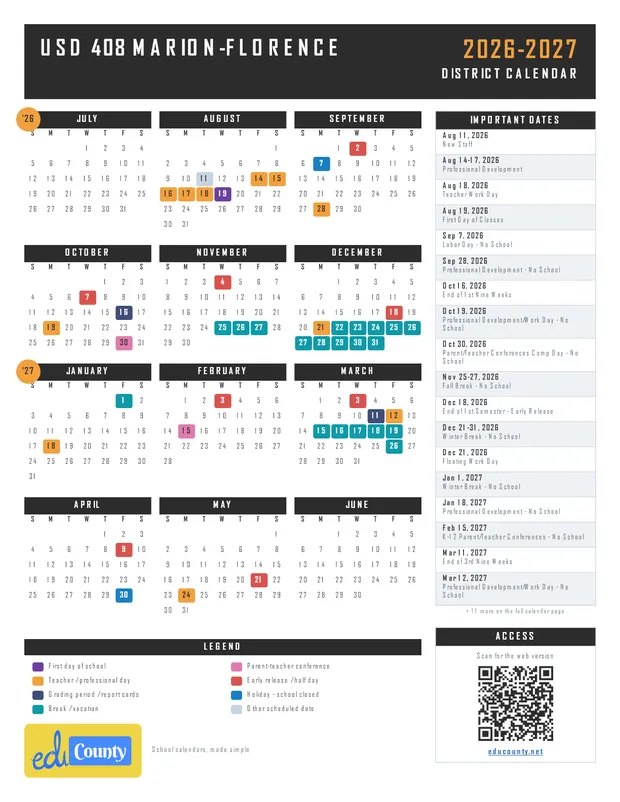 USD 408 Marion-Florence printable 2026-27 calendar