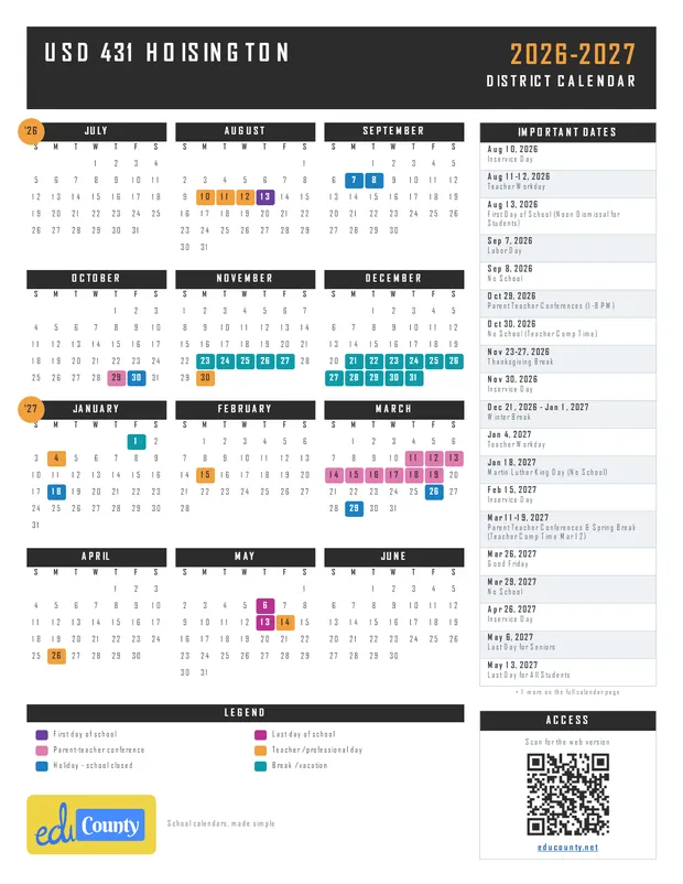 USD 431 Hoisington printable 2026-27 calendar