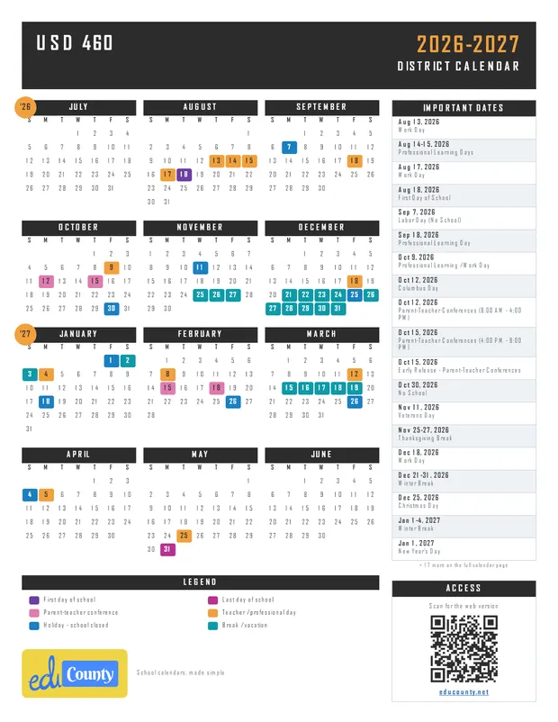 USD 460 printable 2026-27 calendar
