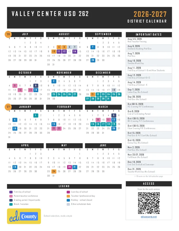 Valley Center USD 262 printable 2026-27 calendar