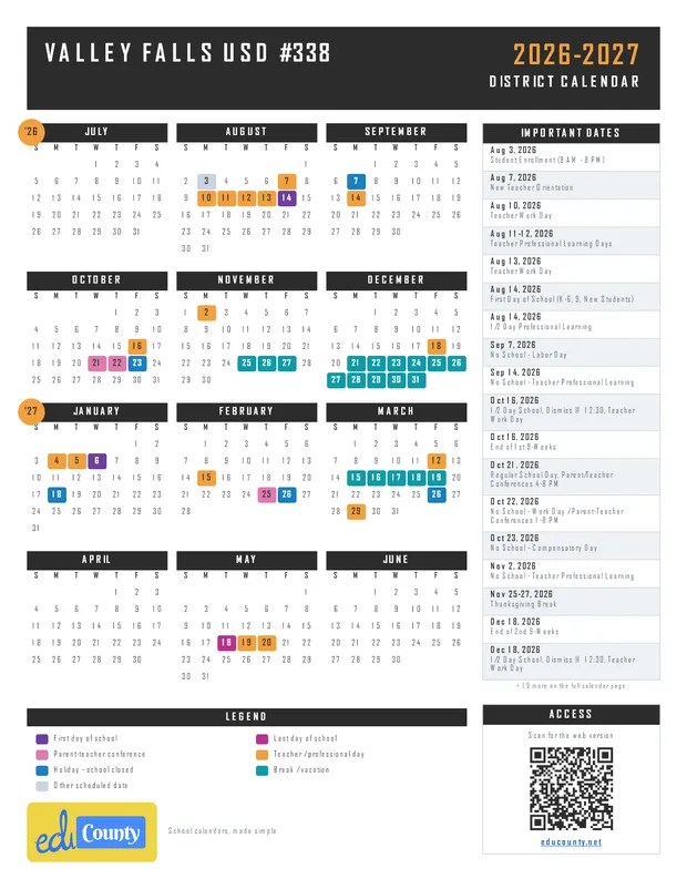 Valley Falls USD #338 printable 2026-27 calendar