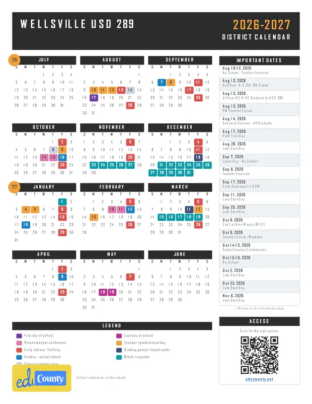 Wellsville USD 289 printable 2026-27 calendar