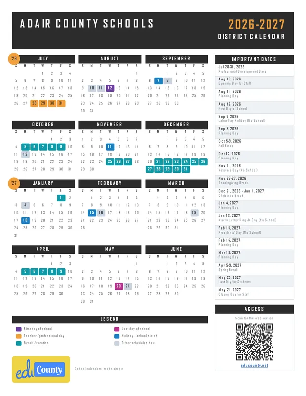 Adair County Schools printable 2026-27 calendar