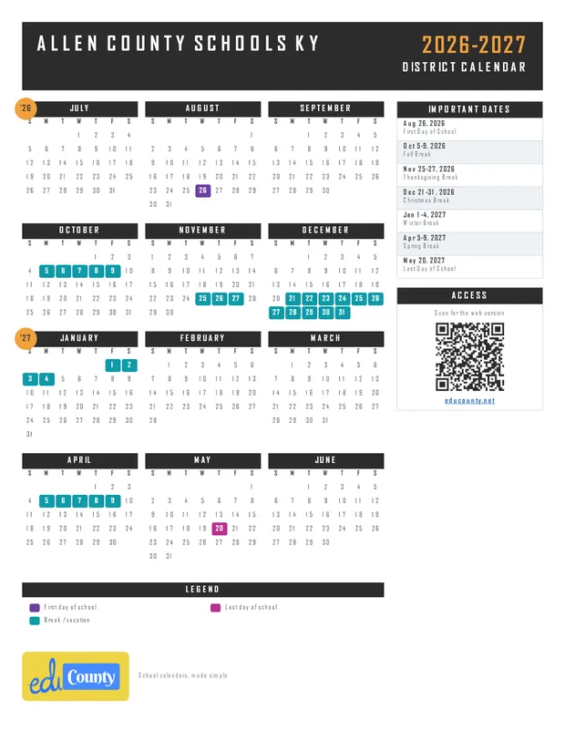Allen County Schools printable 2026-27 calendar