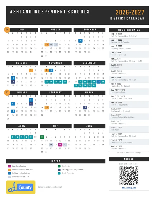 Ashland Independent Schools printable 2026-27 calendar