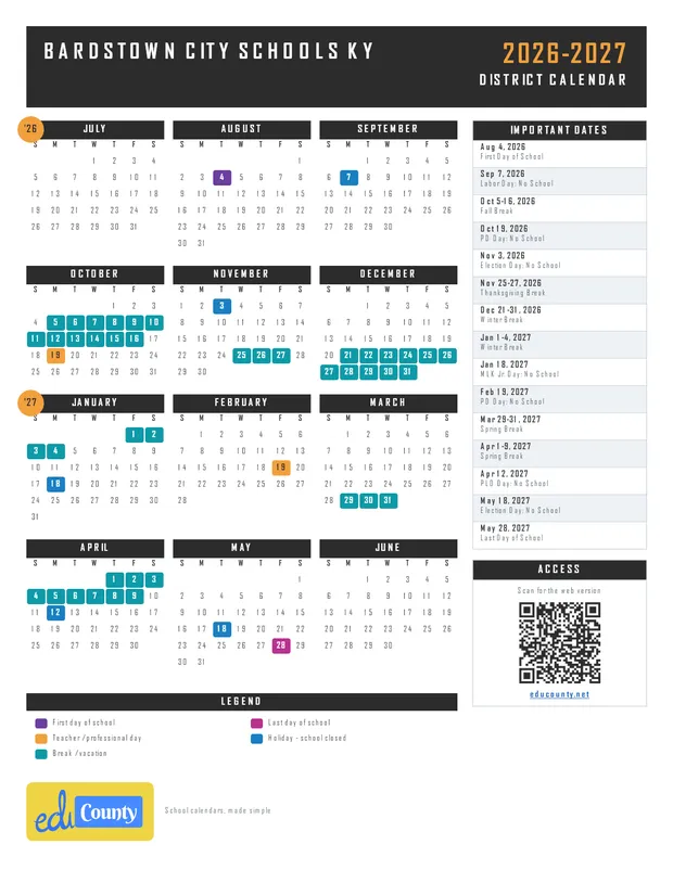 Bardstown City Schools printable 2026-27 calendar