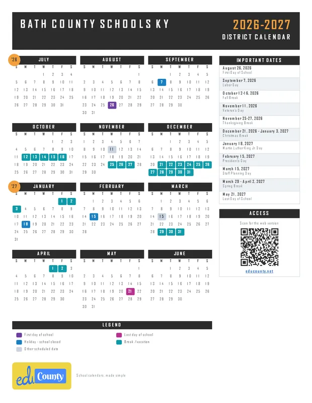 Bath County Schools printable 2026-27 calendar