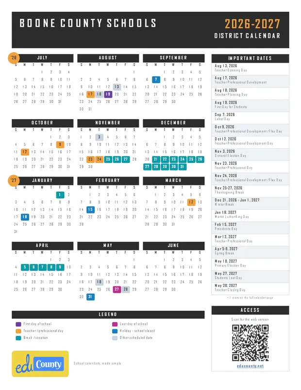 Boone County Schools printable 2026-27 calendar
