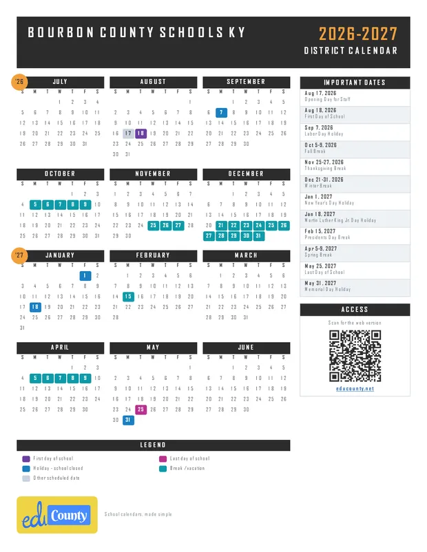 Bourbon County Schools printable 2026-27 calendar