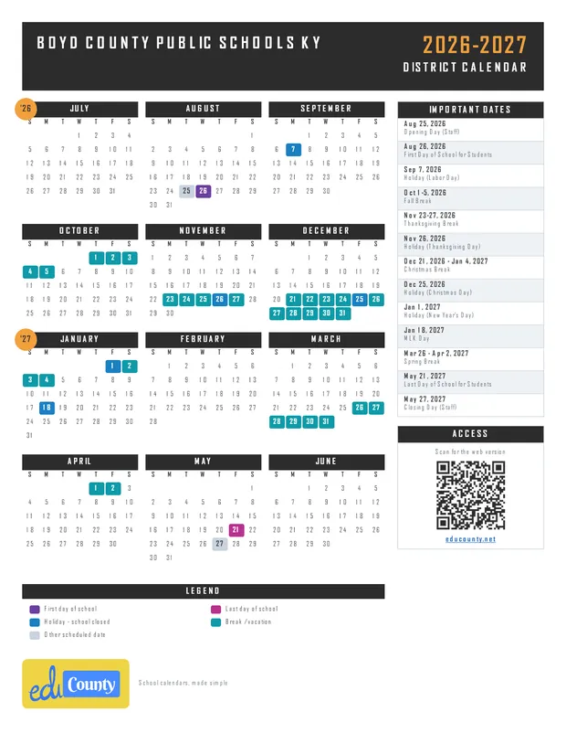 Boyd County Public Schools printable 2026-27 calendar