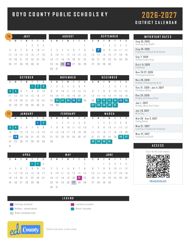 Boyd County Public Schools printable 2026-27 calendar