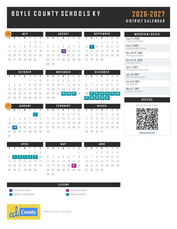 Boyle County Schools printable 2026-27 calendar