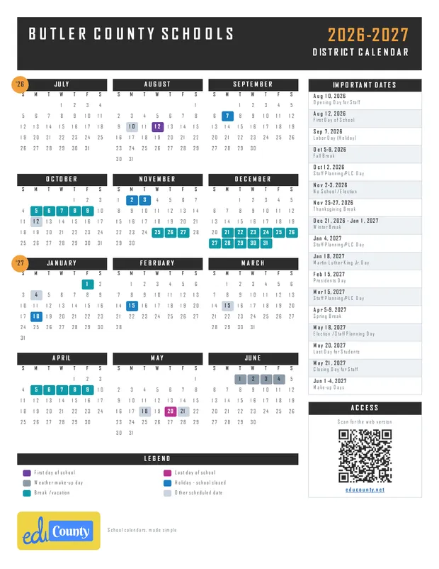 Butler County Schools printable 2026-27 calendar