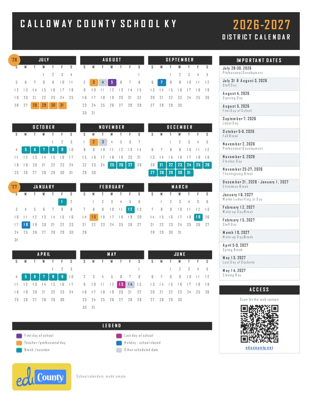 Calloway County School printable 2026-27 calendar