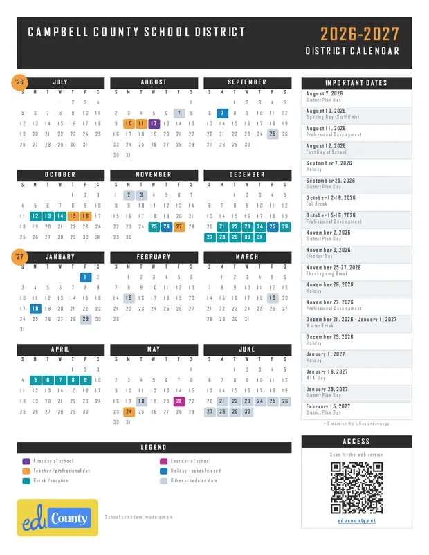 Campbell County School District printable 2026-27 calendar
