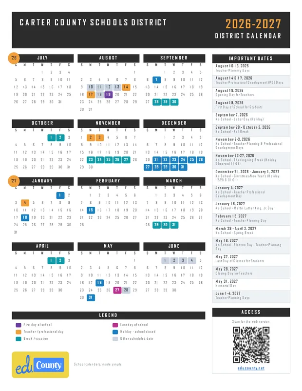 Carter County Schools District printable 2026-27 calendar