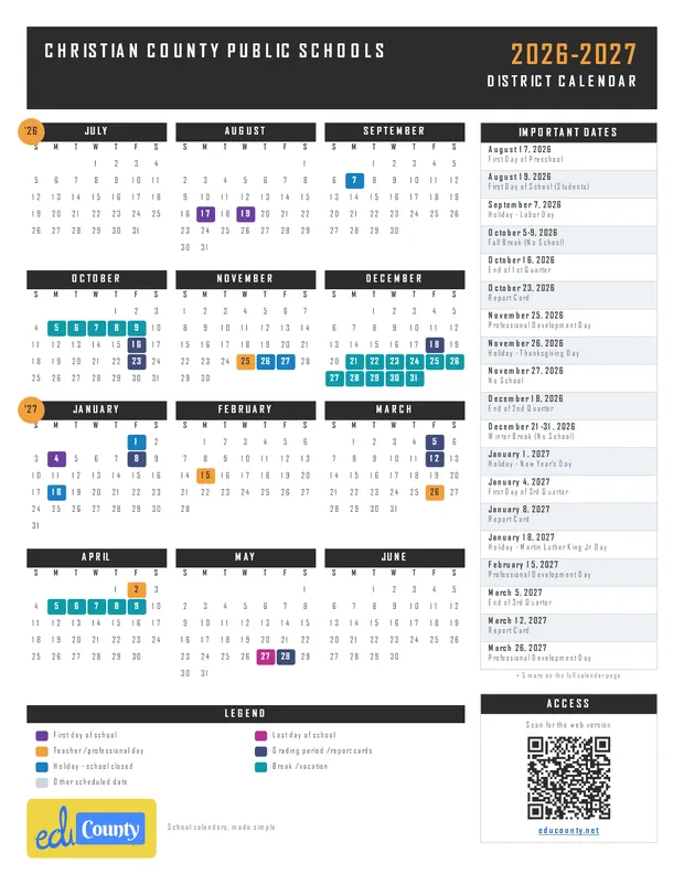 Christian County Public Schools printable 2026-27 calendar