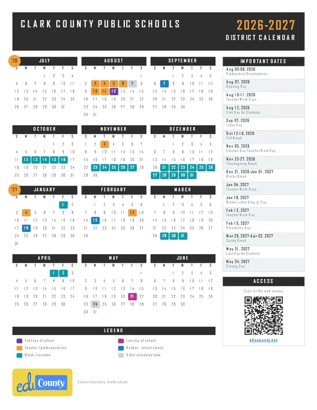 Clark County Public Schools printable 2026-27 calendar