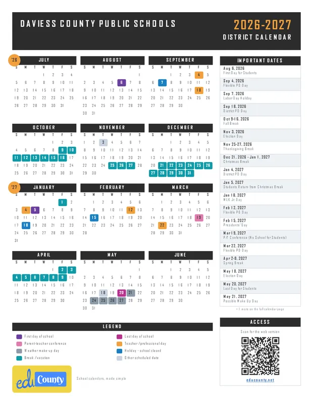Daviess County Public Schools printable 2026-27 calendar