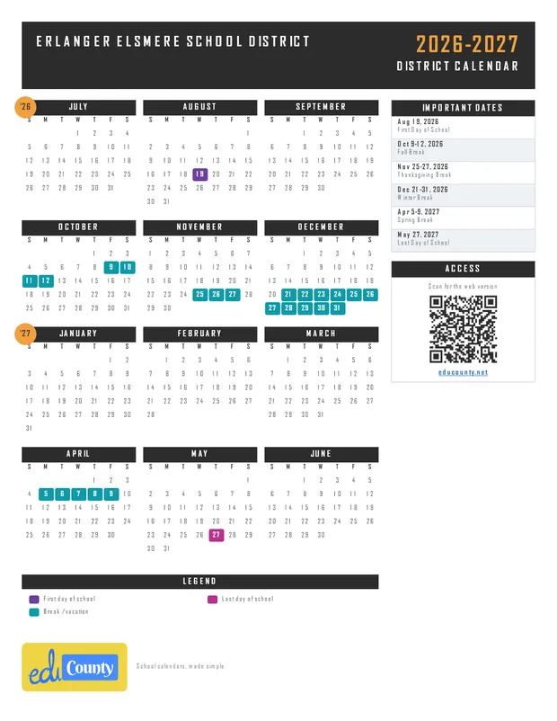 Erlanger Elsmere School District printable 2026-27 calendar