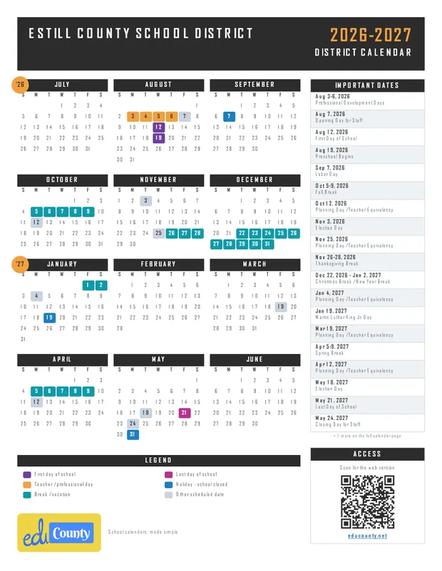 Estill County School District printable 2026-27 calendar