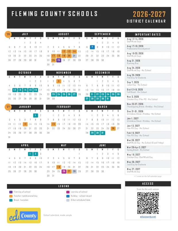 Fleming County Schools printable 2026-27 calendar