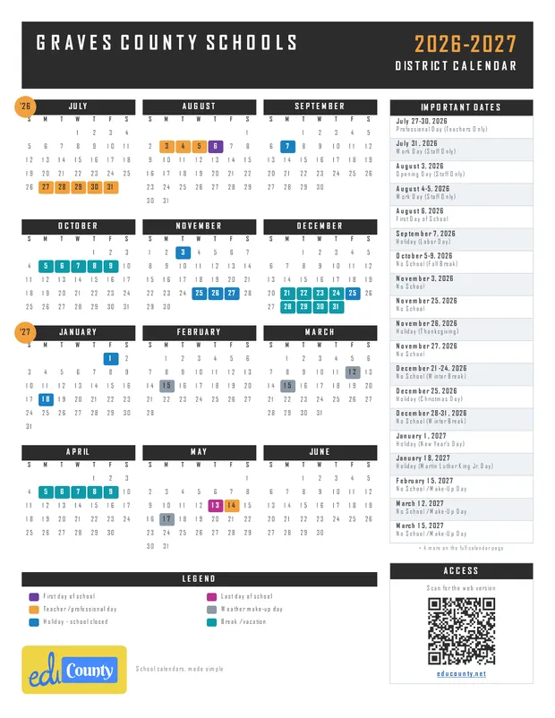 Graves County Schools printable 2026-27 calendar