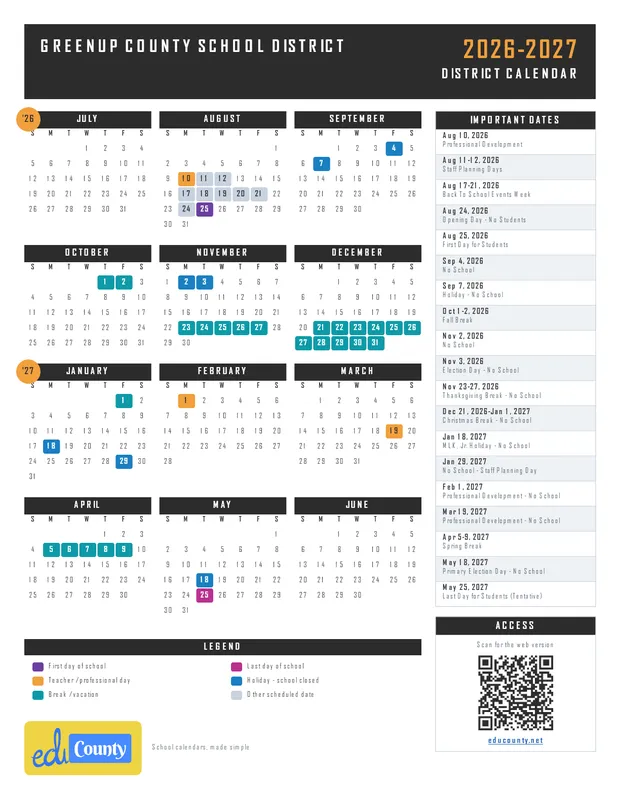 Greenup County School District printable 2026-27 calendar