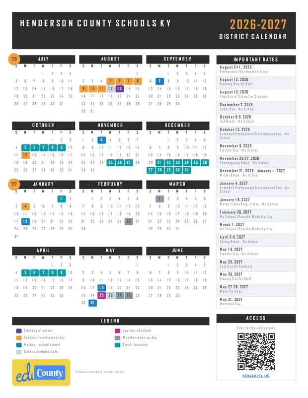 Henderson County Schools printable 2026-27 calendar