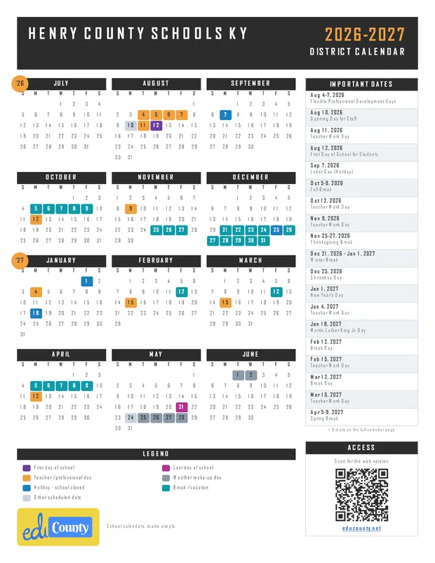 Henry County Schools printable 2026-27 calendar