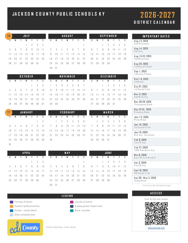 Jackson County Public Schools printable 2026-27 calendar