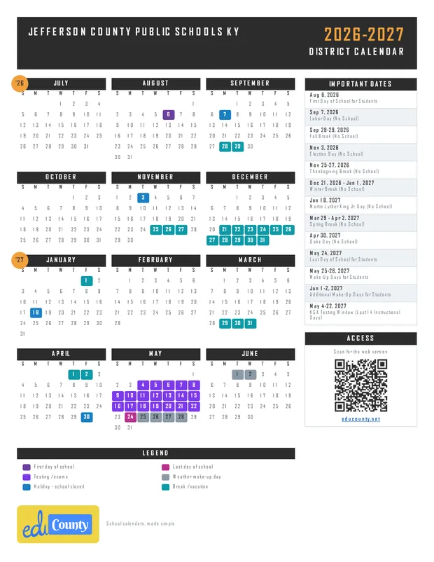 Jefferson County Public Schools printable 2026-27 calendar
