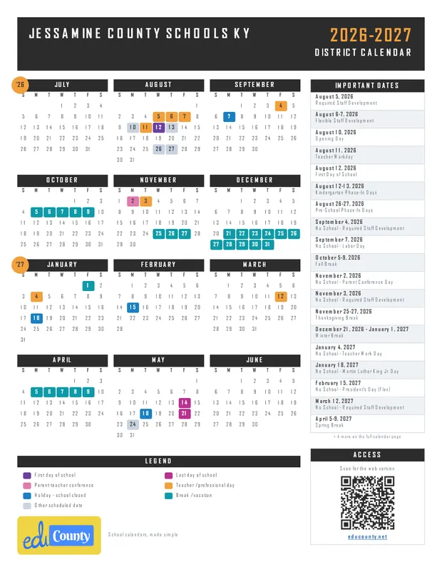 Jessamine County Schools printable 2026-27 calendar