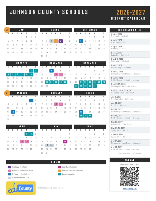 Johnson County Schools printable 2026-27 calendar